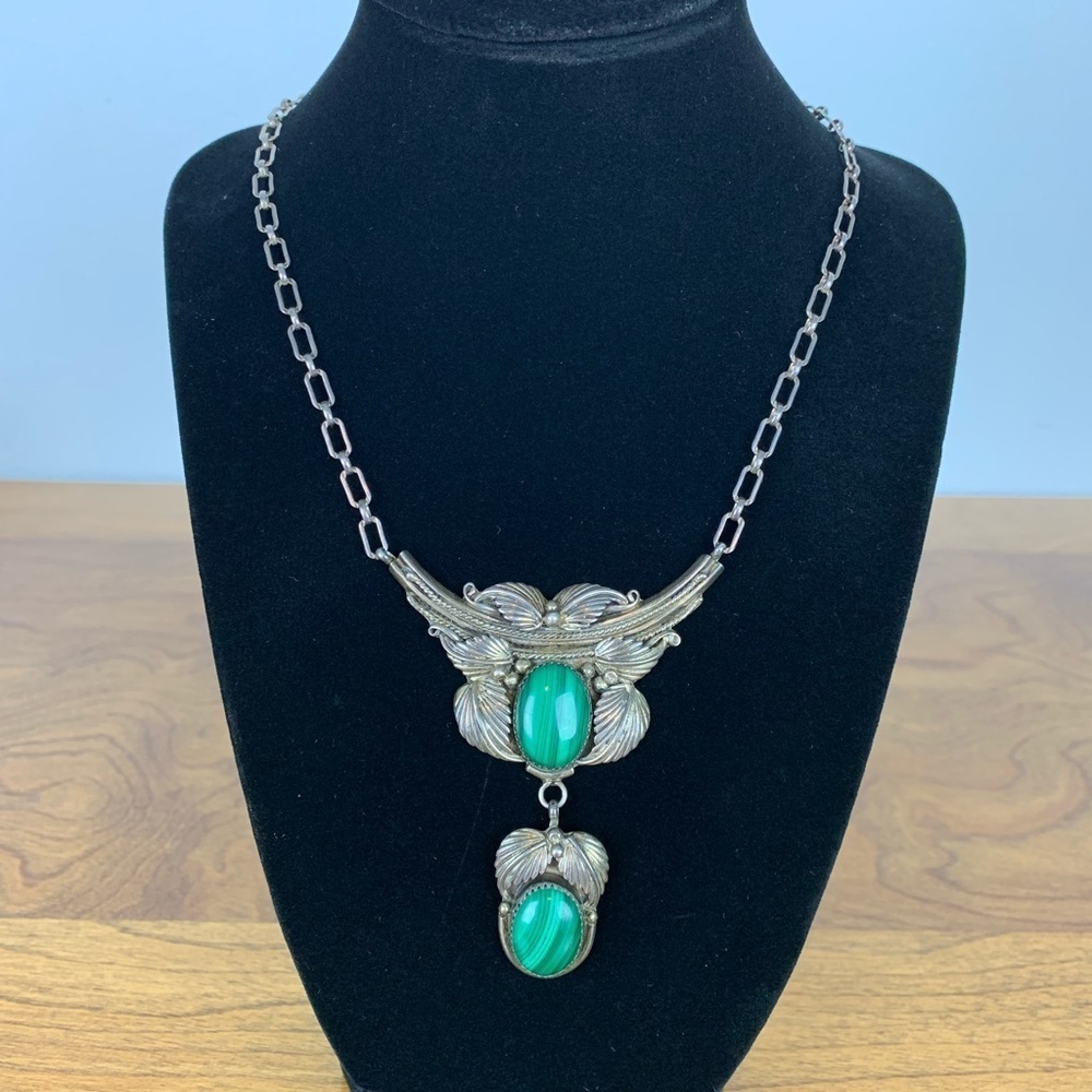 Sterling Silver Necklace Malachite Stones Botanical Stamped BL 925 Vintage